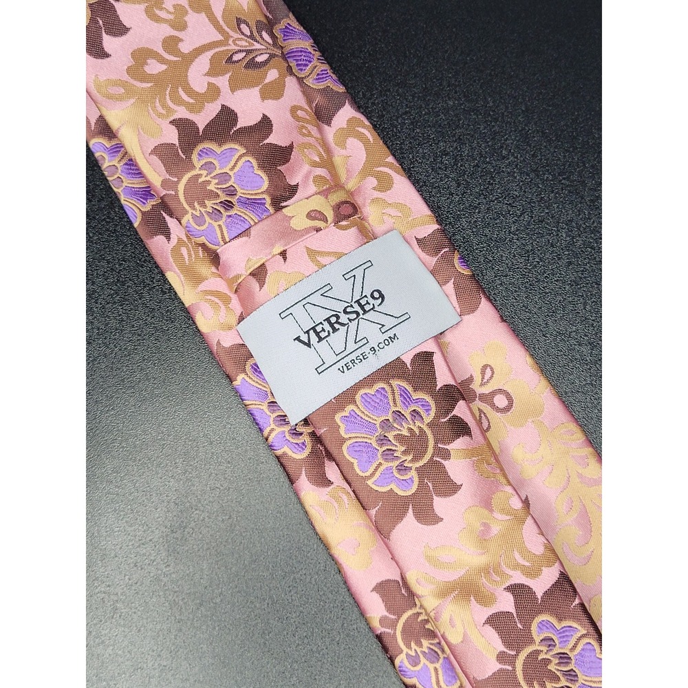 Verse 9 Necktie Pink Purple Brown Floral Scroll Silk Excellent